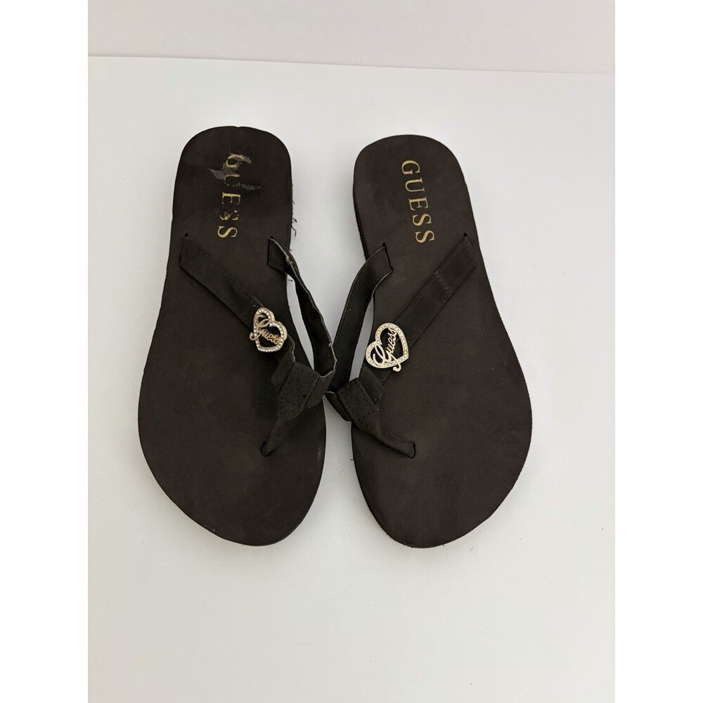 GUESS Brown Platform Wedge Flip Flops Rhinestone Script Heart Sandals Sz 7M